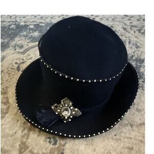 Vintage Tim Crawford Navy Hat with Rhinestone Trim and Decorative Brooch